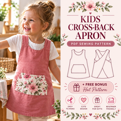 Cross Back Apron Sewing Pattern, Reversible Kids PDF Pattern, Sizes 1-10Y